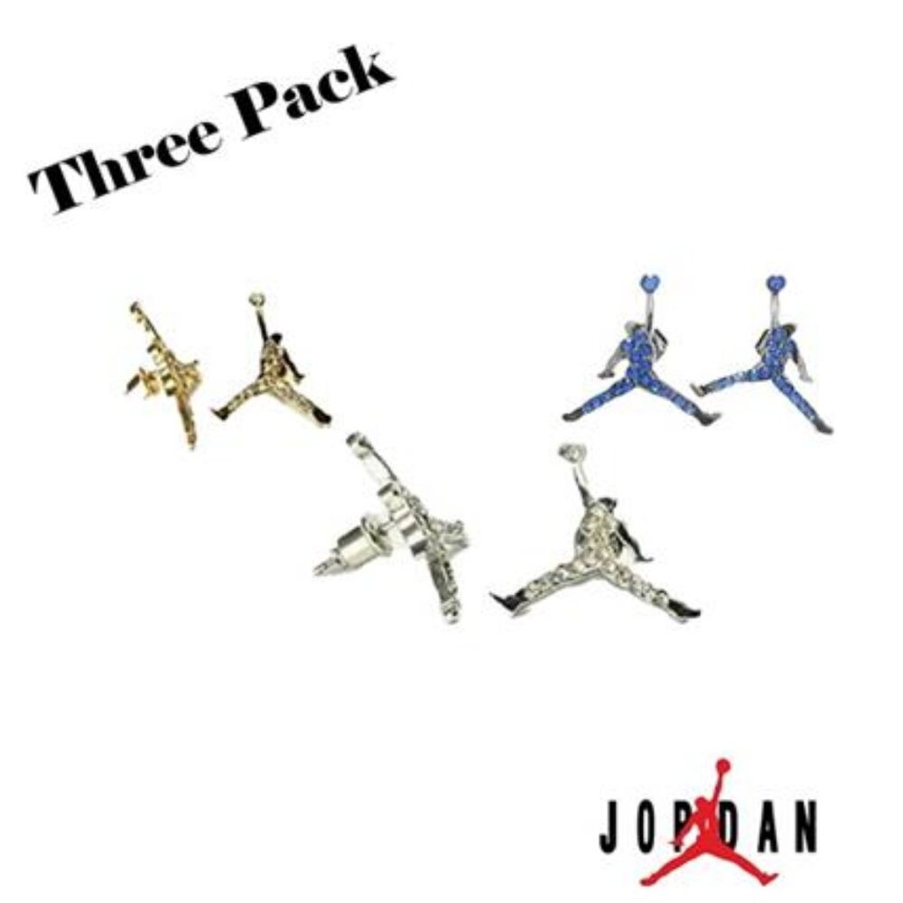 NEW 3 PACK MICHAEL JORDAN SILVER - PLATED PAIRS STUD EARRINGS CRYSTAL RHINESTONE
